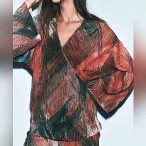 ZARA Womens pleated Multicolor Textured Wrap Style Kimono Blouse Top SZ M NWT